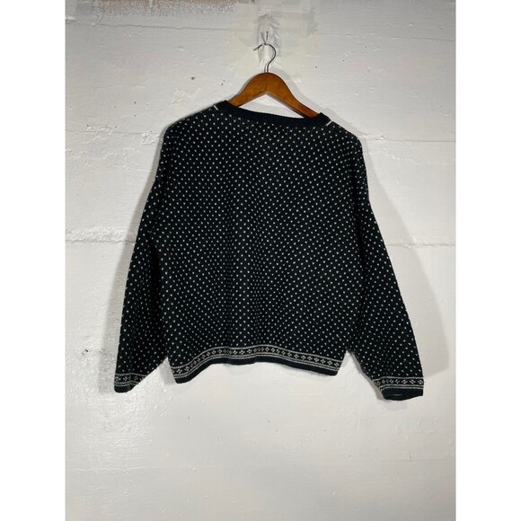 Vintage 80s Cropped Knit Sweater Black White Snowflake Stripe Dot Oversized M - Picture 7 of 9
